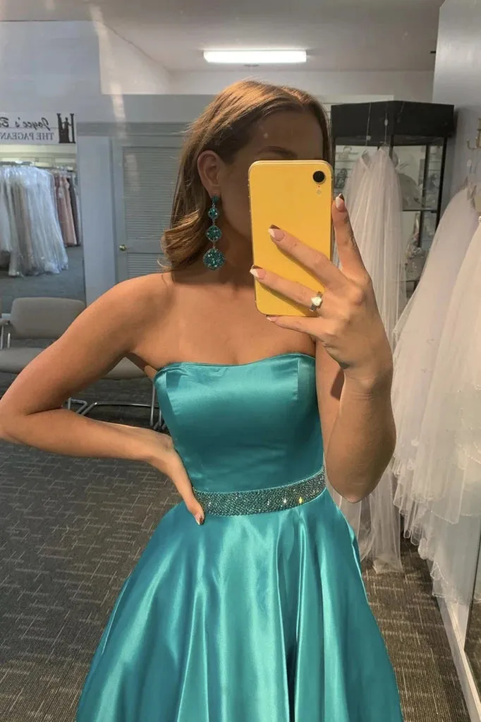 Strapless Green Satin Long Prom Dress A-line Beaded Formal Evening Dress OKX8