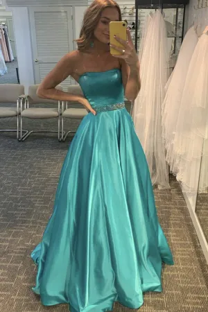 Strapless Green Satin Long Prom Dress A-line Beaded Formal Evening Dress OKX8