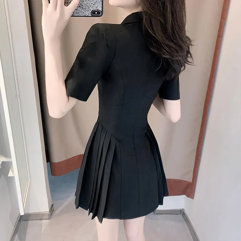 Summer French Design Suit Dress Women's Fashion Temperament Waist Pleated Suit Skirt