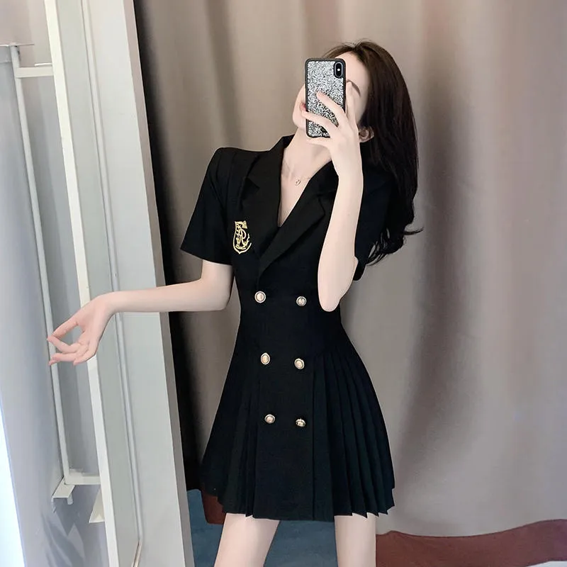 Summer French Design Suit Dress Women's Fashion Temperament Waist Pleated Suit Skirt