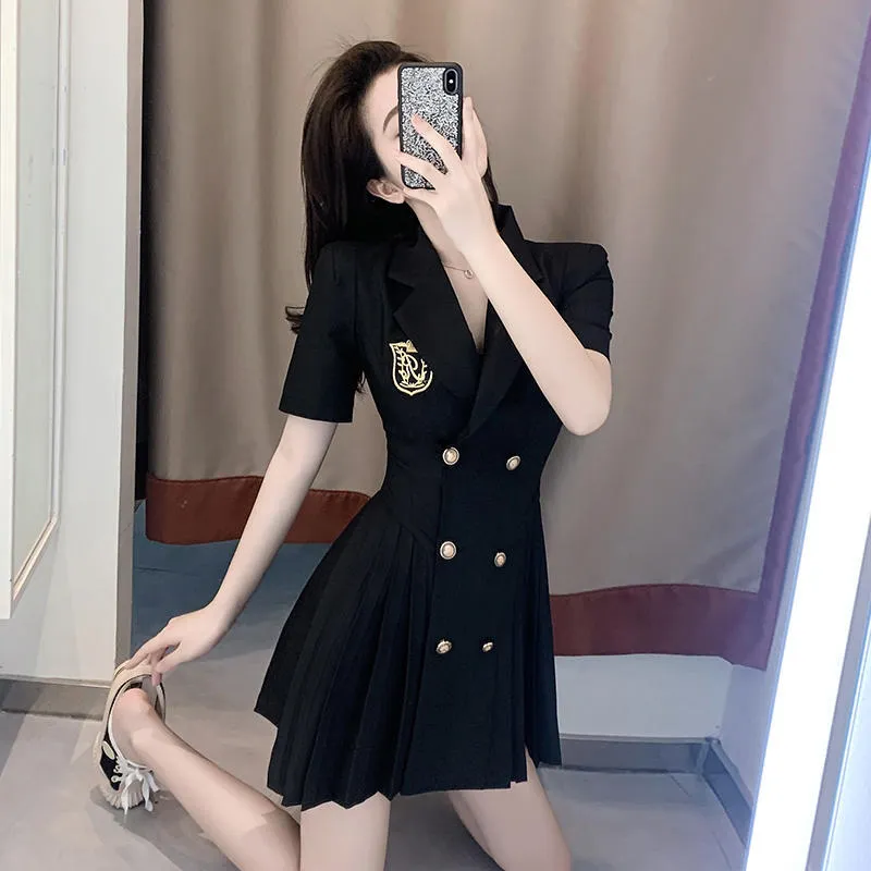 Summer French Design Suit Dress Women's Fashion Temperament Waist Pleated Suit Skirt