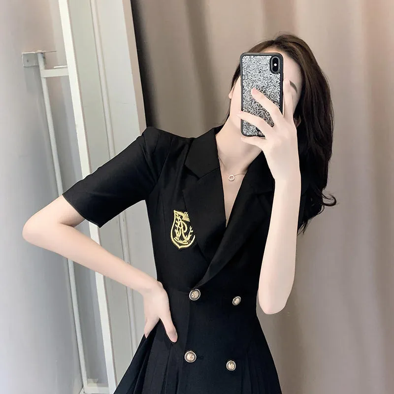 Summer French Design Suit Dress Women's Fashion Temperament Waist Pleated Suit Skirt
