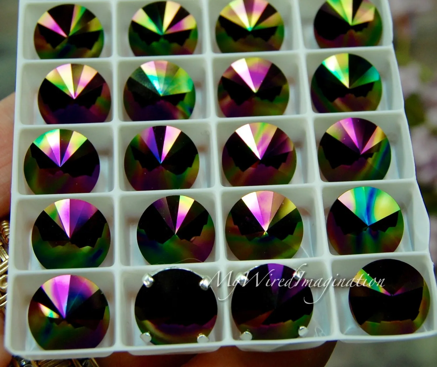 Swarovski Rainbow Dark, 10mm or 12mm Rivoli 1122, Genuine Swarovski in Setting
