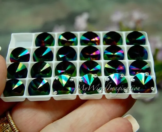 Swarovski Rainbow Dark, 10mm or 12mm Rivoli 1122, Genuine Swarovski in Setting