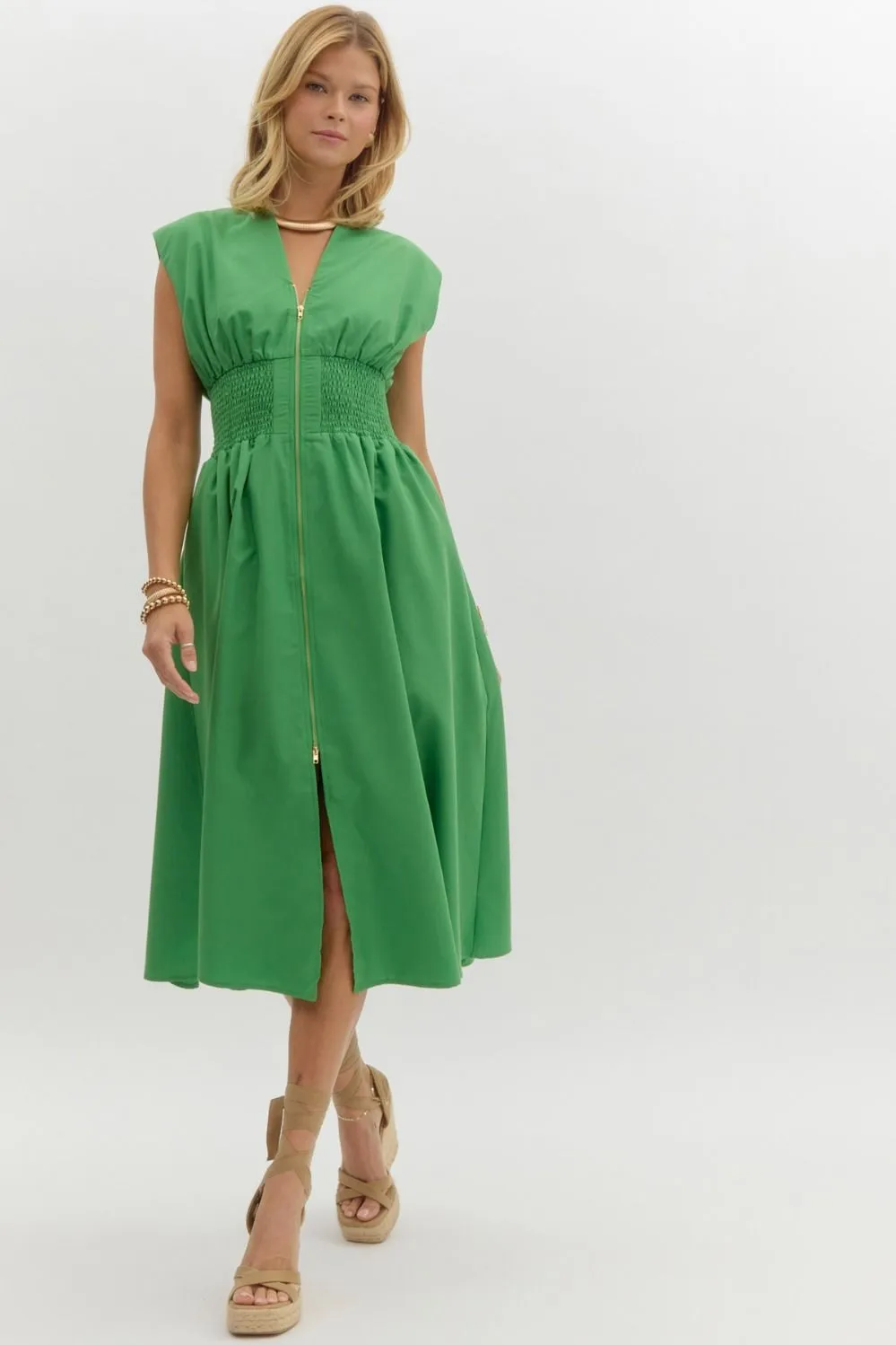 The Ivy Smocked Waist Midi Dress – Green