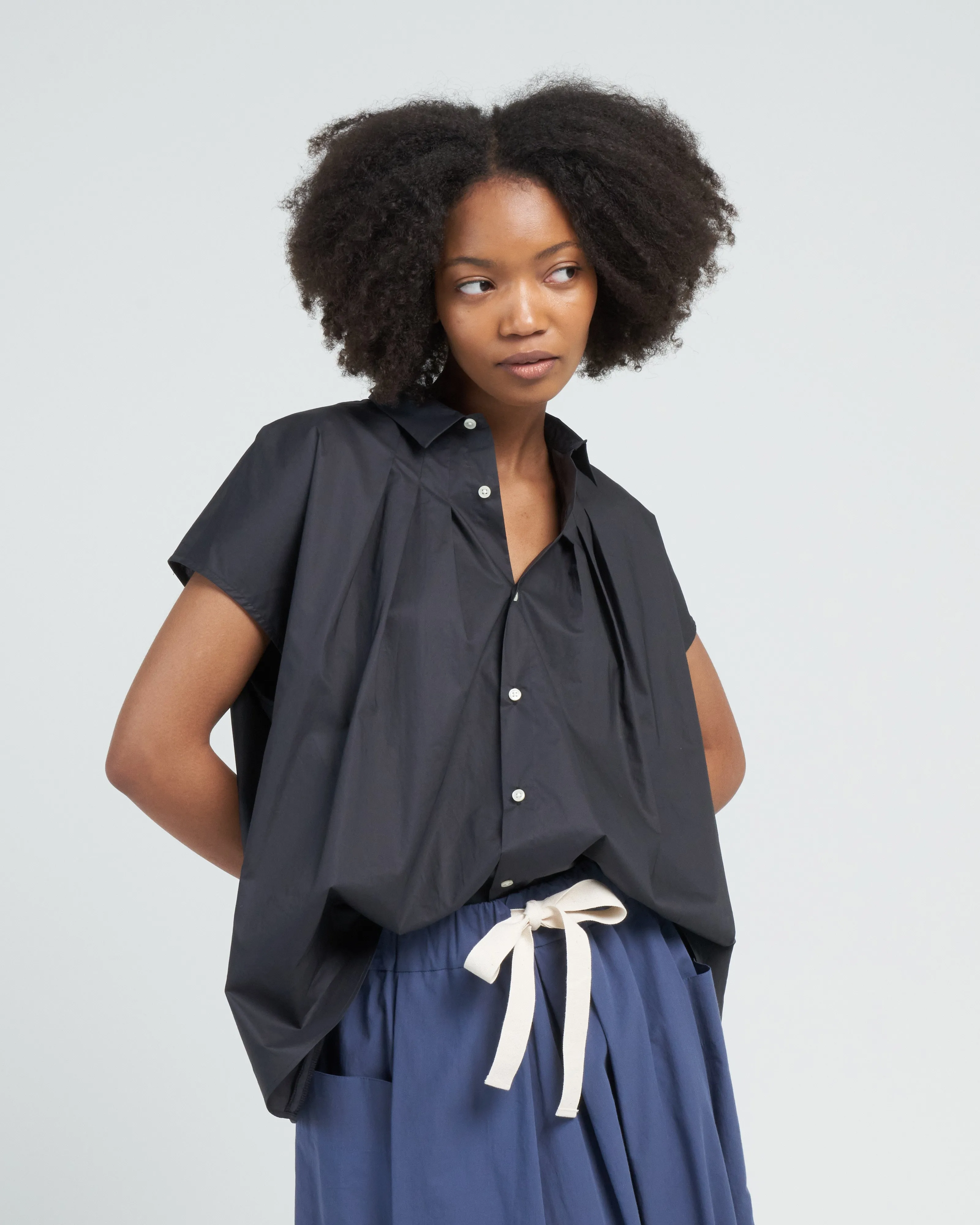 tie waist poplin top - navy