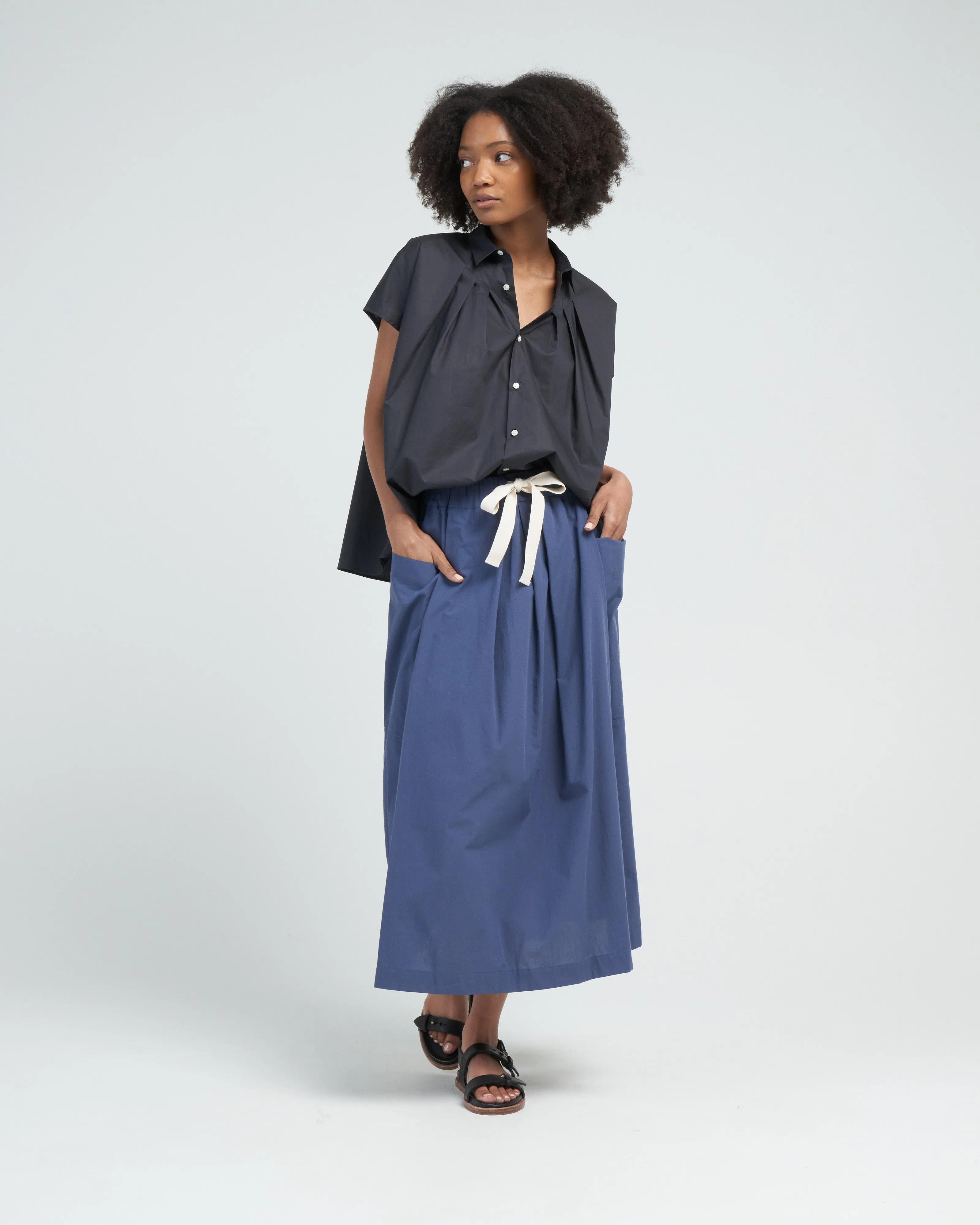 tie waist poplin top - navy