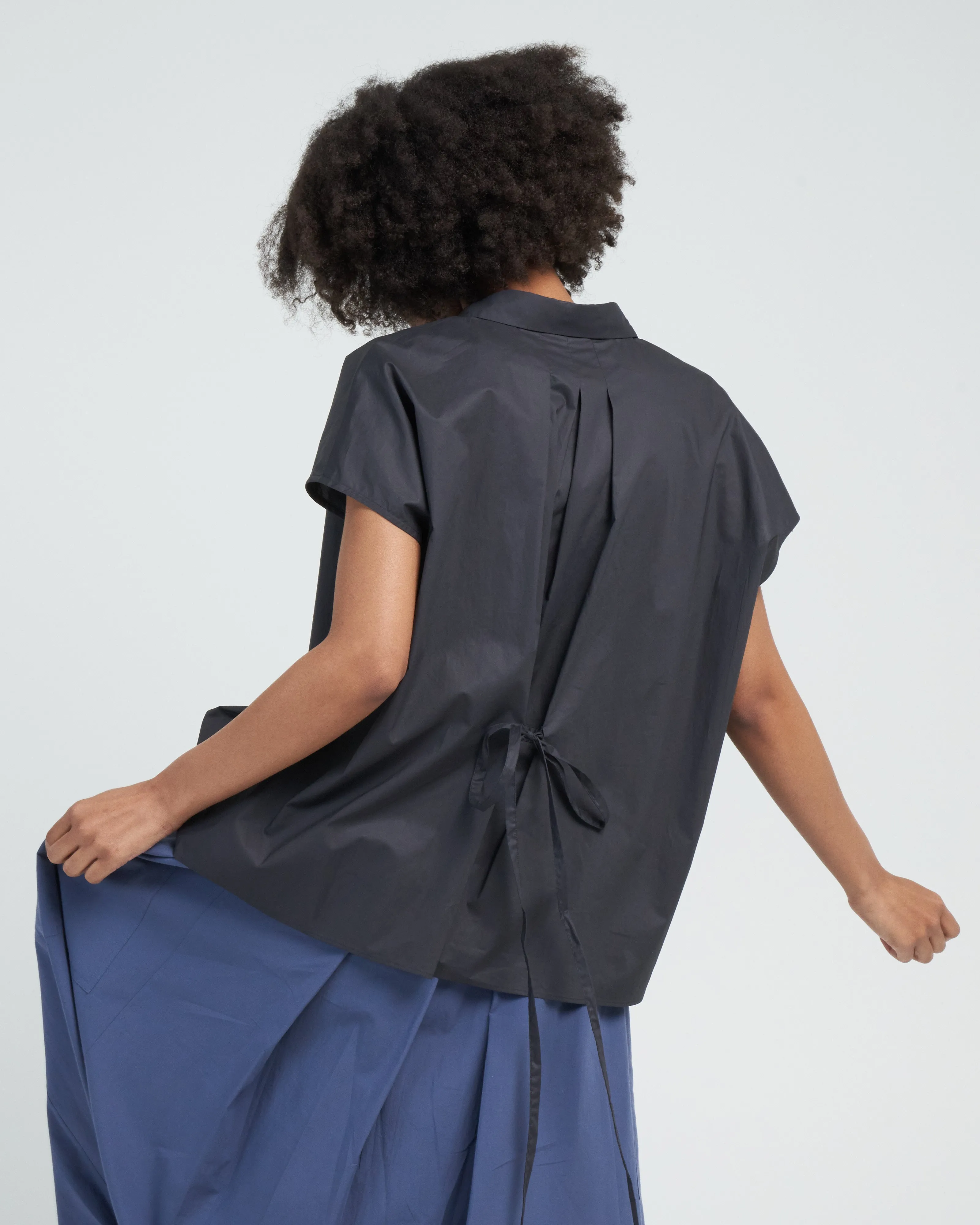 tie waist poplin top - navy