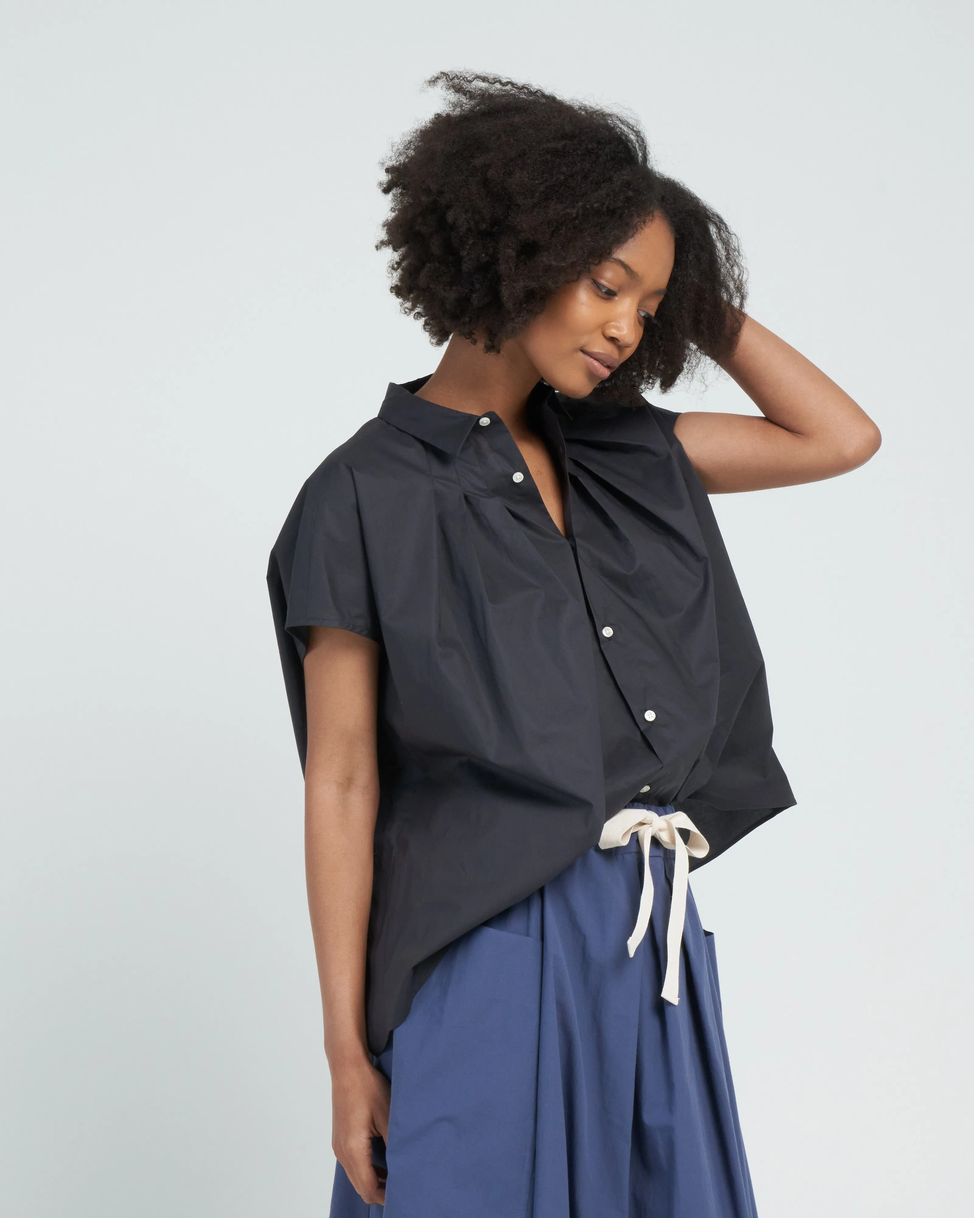 tie waist poplin top - navy