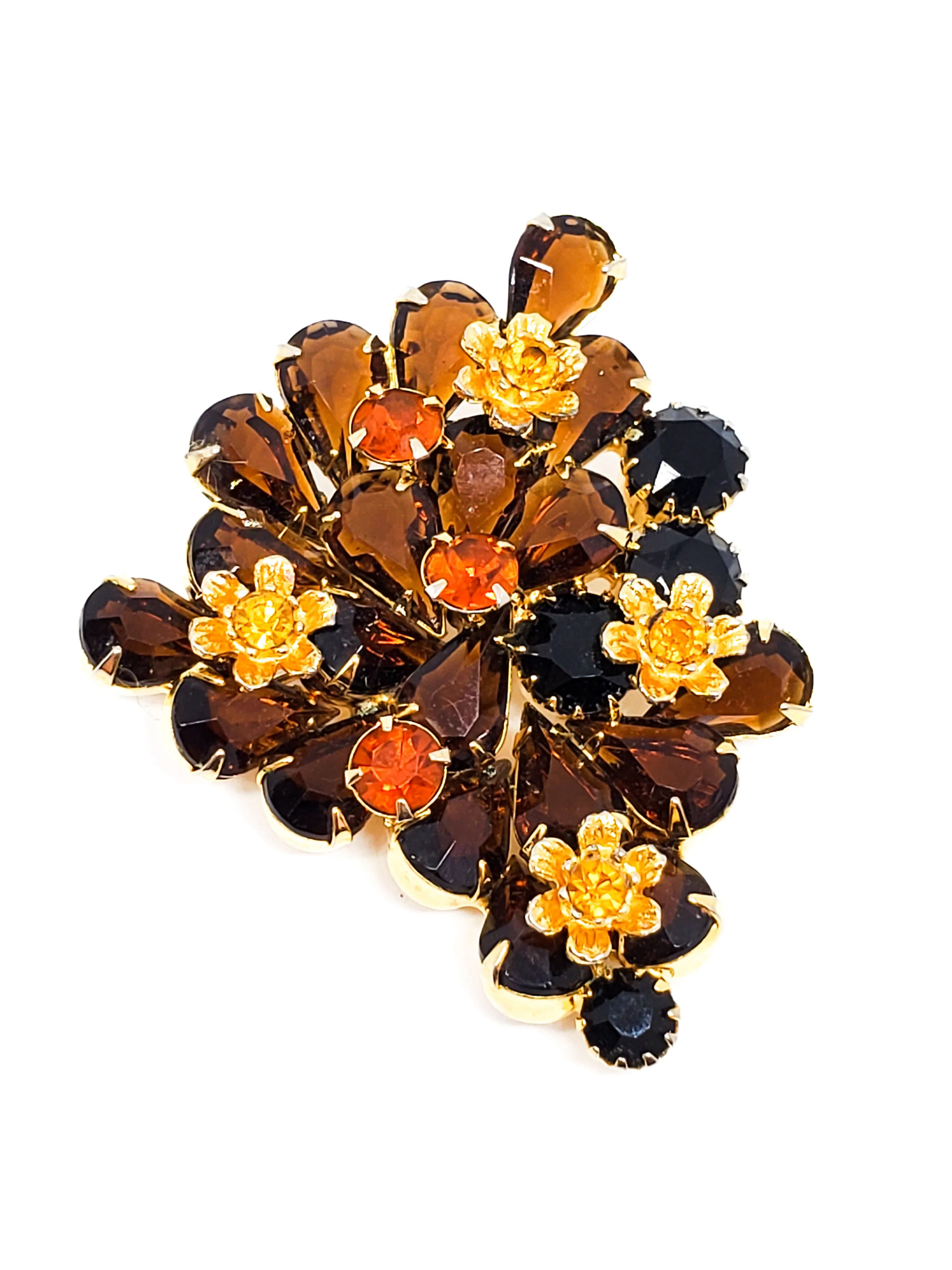 Topaz pear cut and gold toned flower rhinestone brooch unsigned beauty mid century