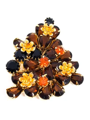 Topaz pear cut and gold toned flower rhinestone brooch unsigned beauty mid century