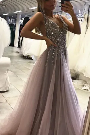 Tulle Beaded Side Split Sleeveless Long Prom Dresses, Party Dress, MP386