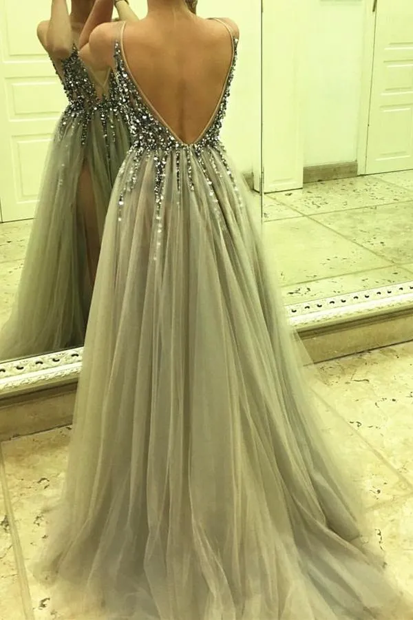 Tulle Beaded Side Split Sleeveless Long Prom Dresses, Party Dress, MP386