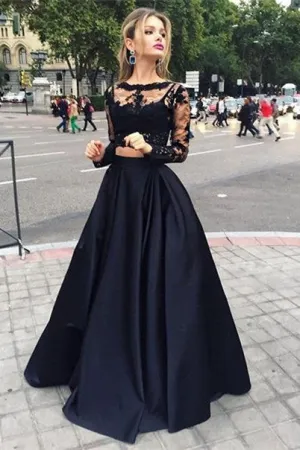 Two Piece Black A Line Lace Top Long Sleeves Formal Prom Dresses OK729
