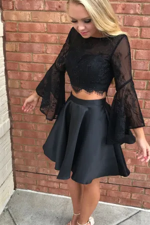 Two Piece Homecoming Dresses Long Sleeves Backless Satin Short Prom Dress Sexy Party Dress OHM119