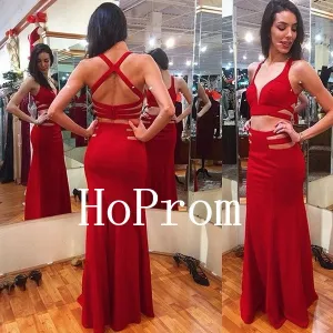 Two Piece Prom Dresses,Red Satin Prom Dress,Evening Dress