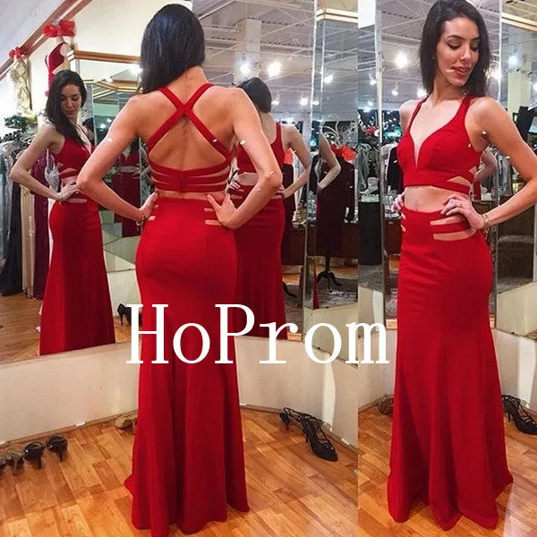 Two Piece Prom Dresses,Red Satin Prom Dress,Evening Dress