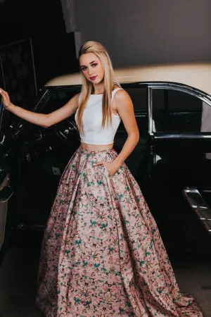 Two Pieces A-line Scoop Floral Printed Modest Long Prom Dresses With Pockets OKA20