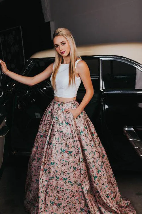 Two Pieces A-line Scoop Floral Printed Modest Long Prom Dresses With Pockets OKA20