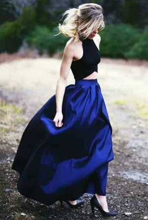 Two Pieces Long Satin Prom Dress,Formal Black And Royal Blue Evening Gowns,Fashion Bridesmaid Dress