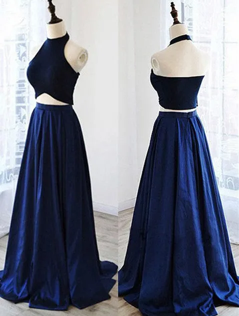 Two Pieces Long Satin Prom Dress,Formal Black And Royal Blue Evening Gowns,Fashion Bridesmaid Dress