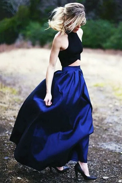 Two Pieces Long Satin Prom Dress,Formal Black And Royal Blue Evening Gowns,Fashion Bridesmaid Dress