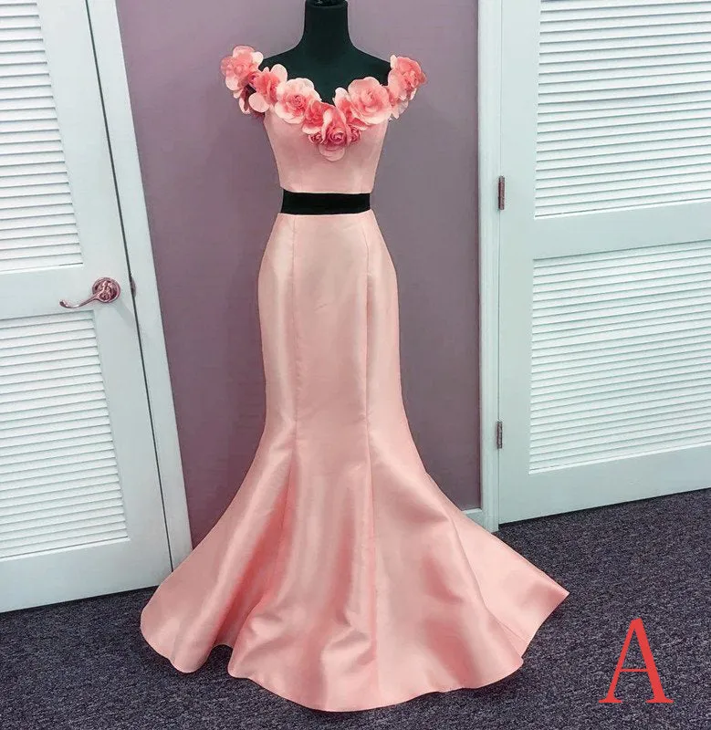 Two Pieces Prom Dress,Charming Flower Satin Prom Dress,Pink Evening Gowns,Fairy Evening Dress