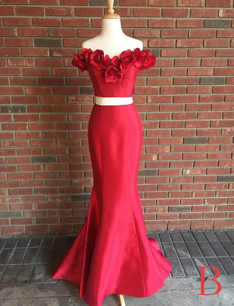 Two Pieces Prom Dress,Charming Flower Satin Prom Dress,Pink Evening Gowns,Fairy Evening Dress