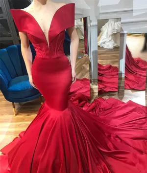 Unique red satin mermaid long prom dress, evening dress