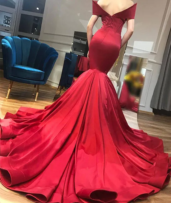 Unique red satin mermaid long prom dress, evening dress