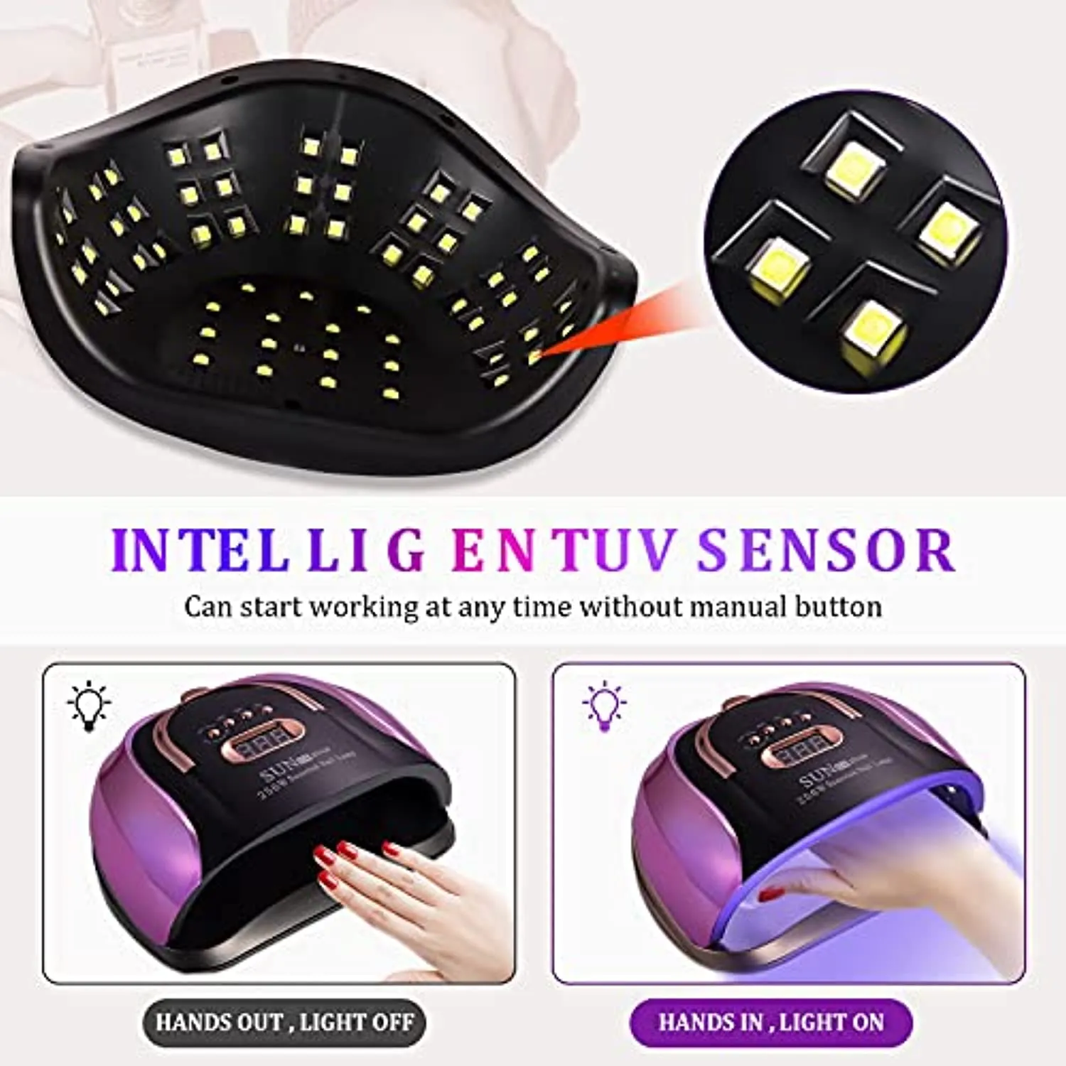 UV LED Nail Light, 256W High Power Nail Gel Light, 4 Timer Settings and Professional Manicure Nail Lamp with Automatic Sensor(Comes with 9 Free Gifts)