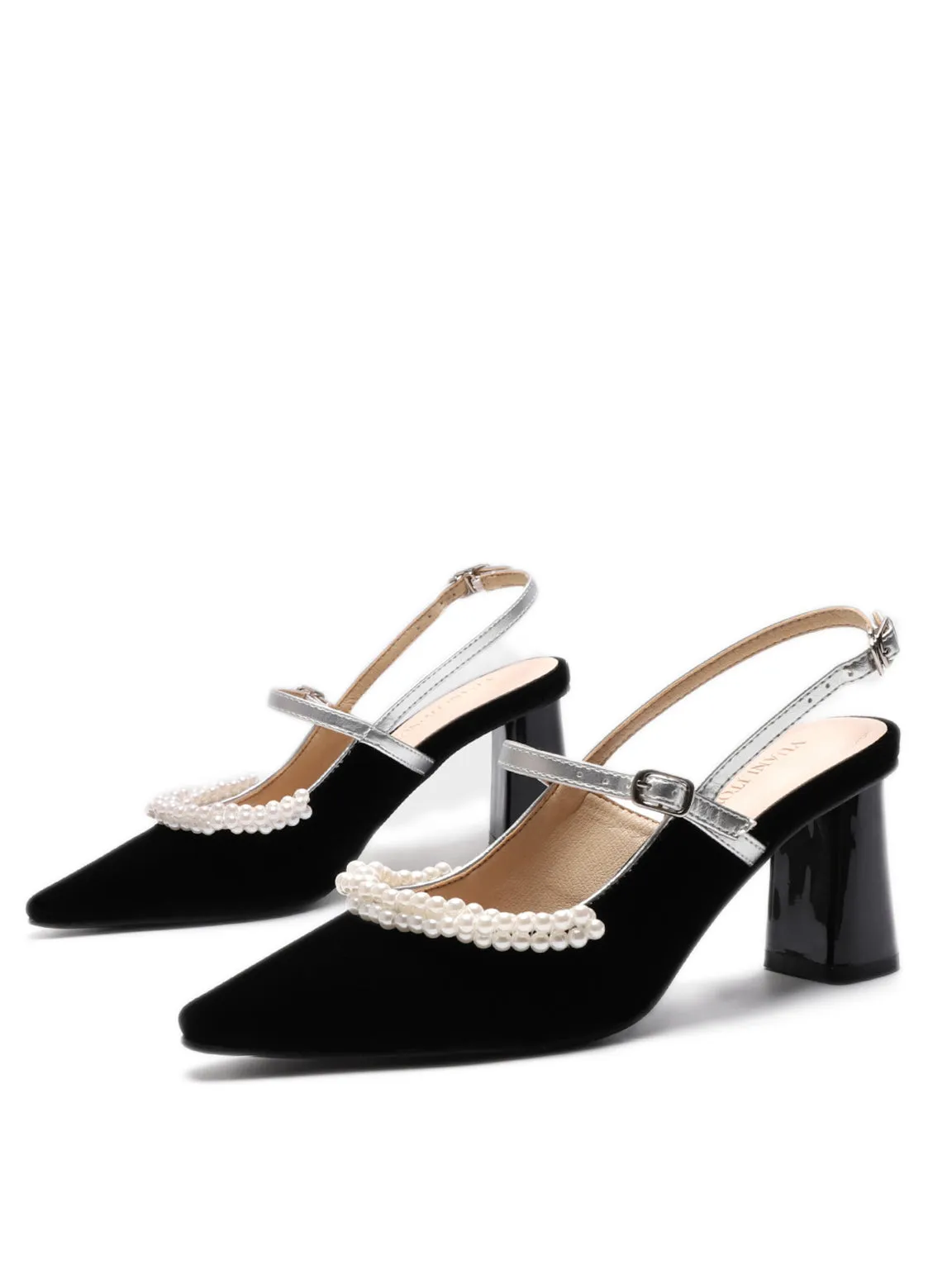 Velvet Pearl Embellished Mary Jane Heel Point Toe Mid Block Pumps