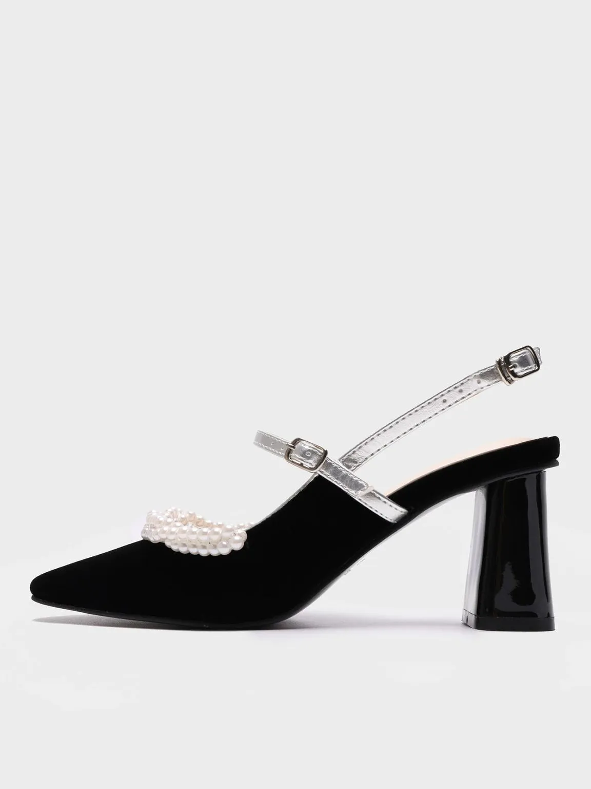 Velvet Pearl Embellished Mary Jane Heel Point Toe Mid Block Pumps