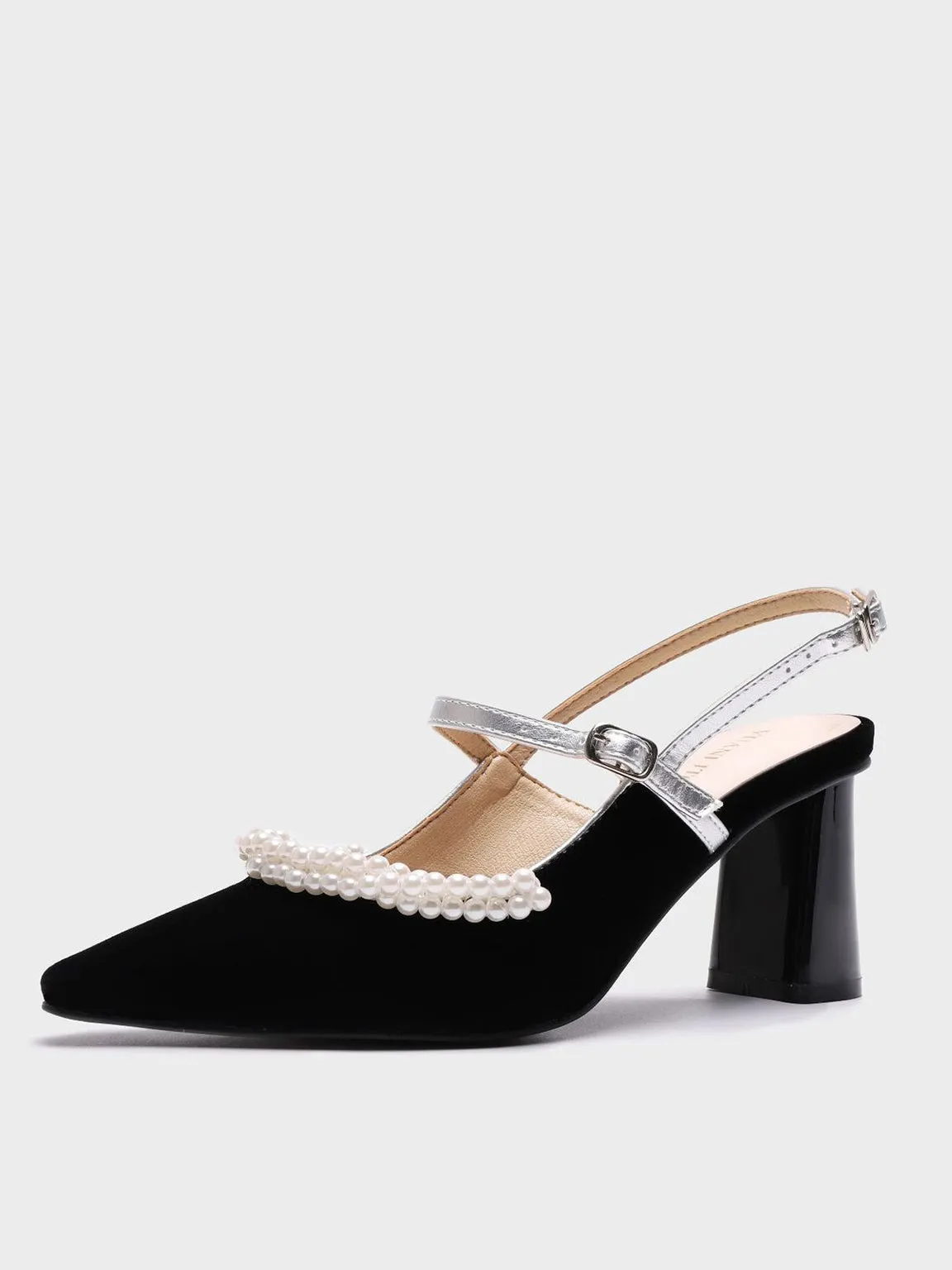 Velvet Pearl Embellished Mary Jane Heel Point Toe Mid Block Pumps