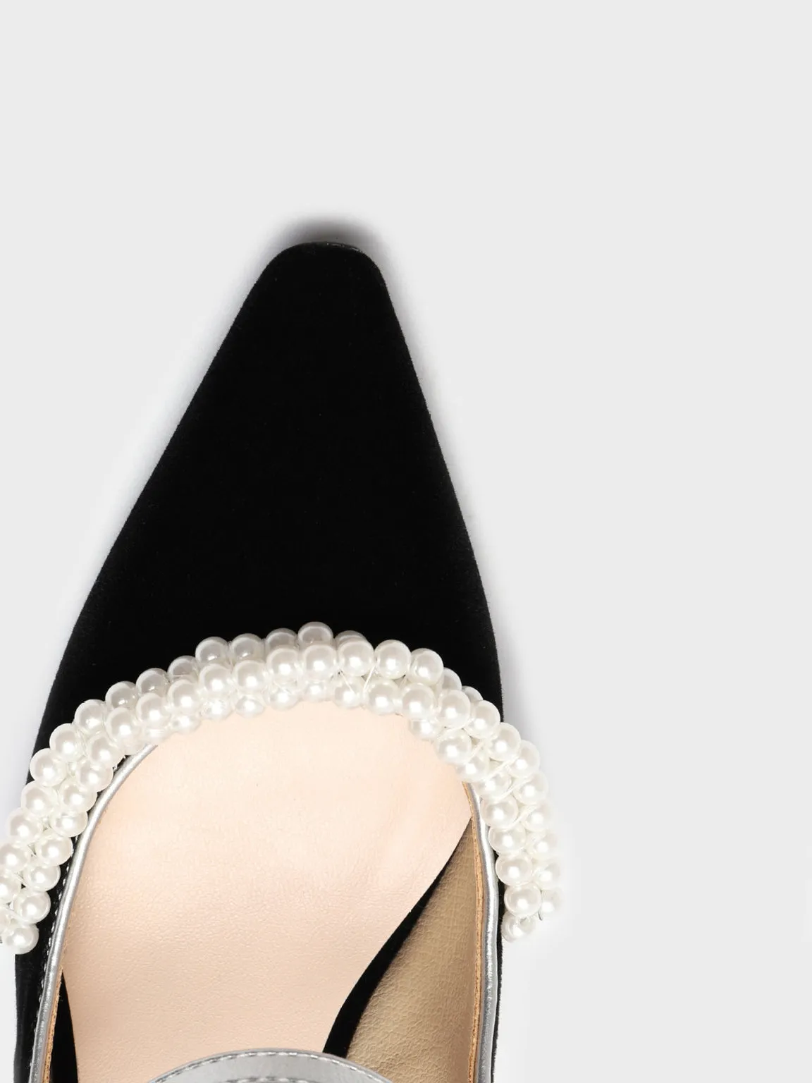 Velvet Pearl Embellished Mary Jane Heel Point Toe Mid Block Pumps