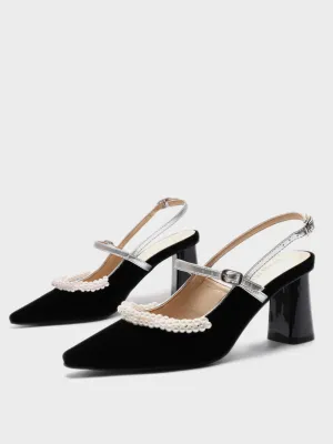 Velvet Pearl Embellished Mary Jane Heel Point Toe Mid Block Pumps