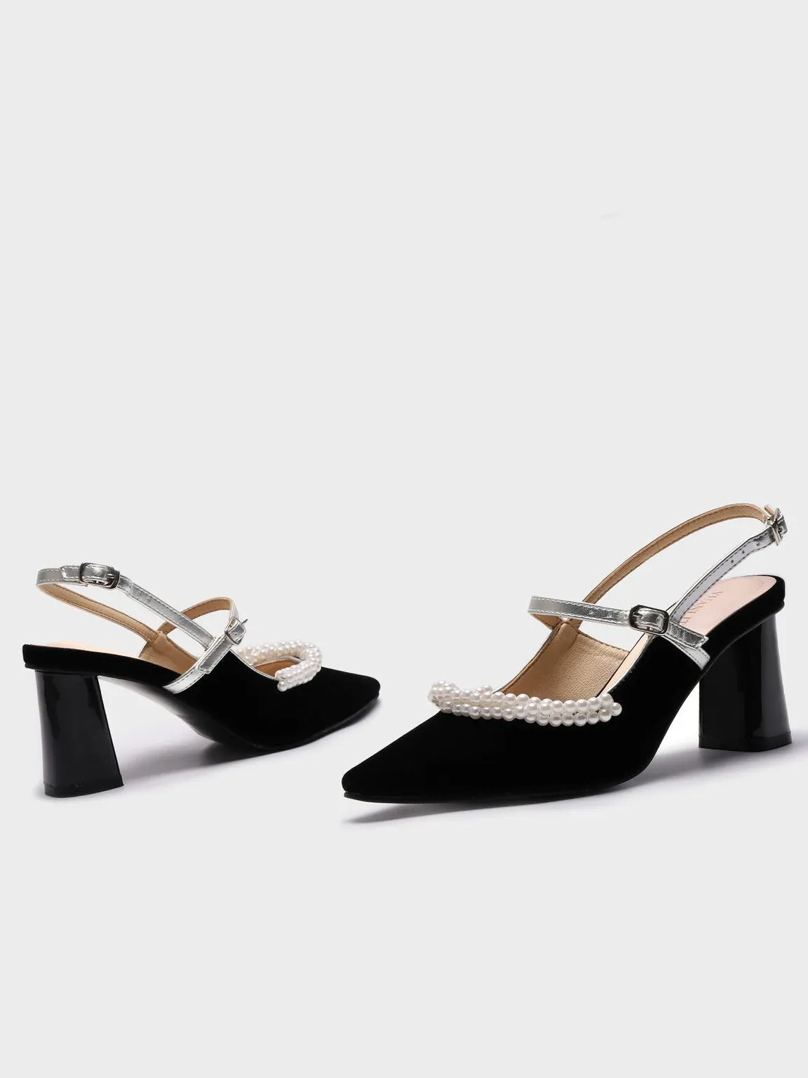 Velvet Pearl Embellished Mary Jane Heel Point Toe Mid Block Pumps