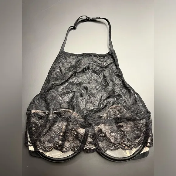 VICTORIA’S SECRET *NWT* Very Sexy Bow Lace High Neck Halter Bra Black 32D