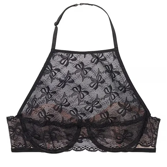 VICTORIA’S SECRET *NWT* Very Sexy Bow Lace High Neck Halter Bra Black 32D