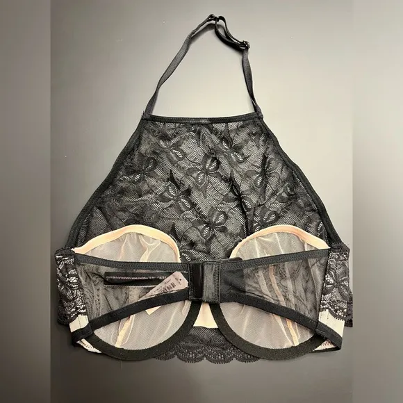 VICTORIA’S SECRET *NWT* Very Sexy Bow Lace High Neck Halter Bra Black 32D