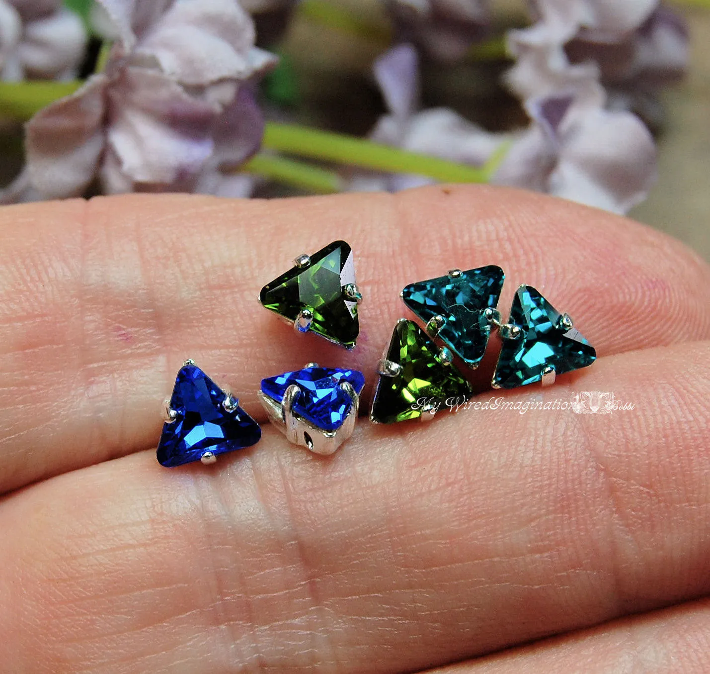 Vintage 6mm Swarovski Triangle Art 4722 2pcs  Sapphire,Olivine, Blue Zircon or Tanzanite with Setting