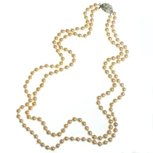 Vintage Art Deco Long Double Strand Creamy Ivory Glass Pearl Necklace with Diamante Rhinestone Clasp
