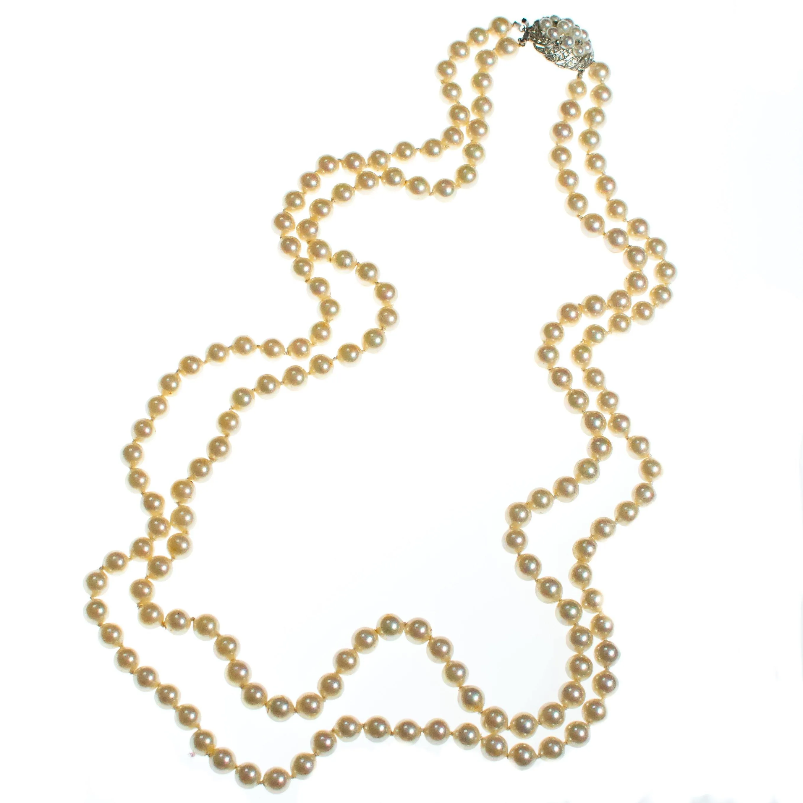 Vintage Art Deco Long Double Strand Creamy Ivory Glass Pearl Necklace with Diamante Rhinestone Clasp