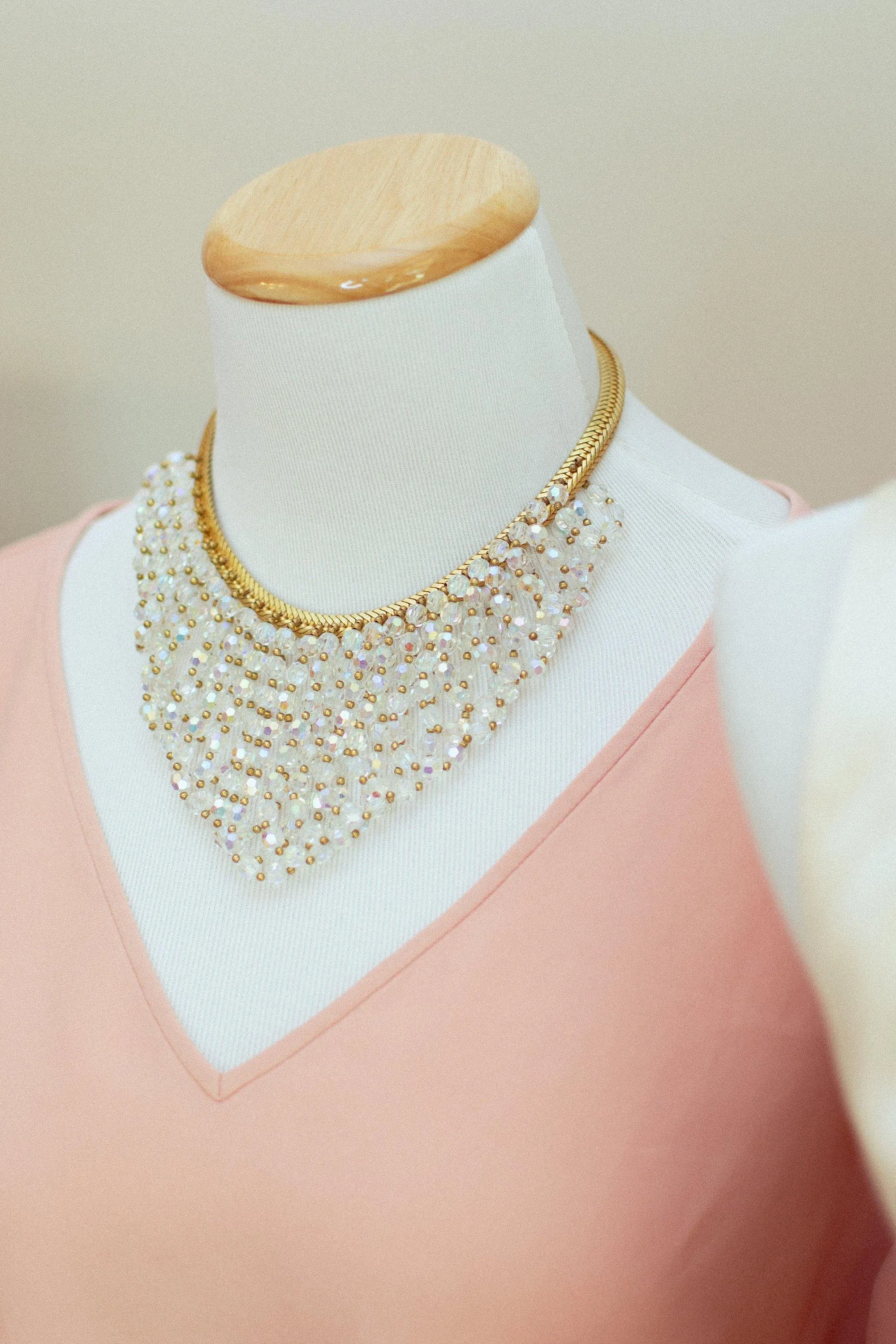 Vintage Looped Aurora Borealis Crystal Bead Bib Statement Necklace