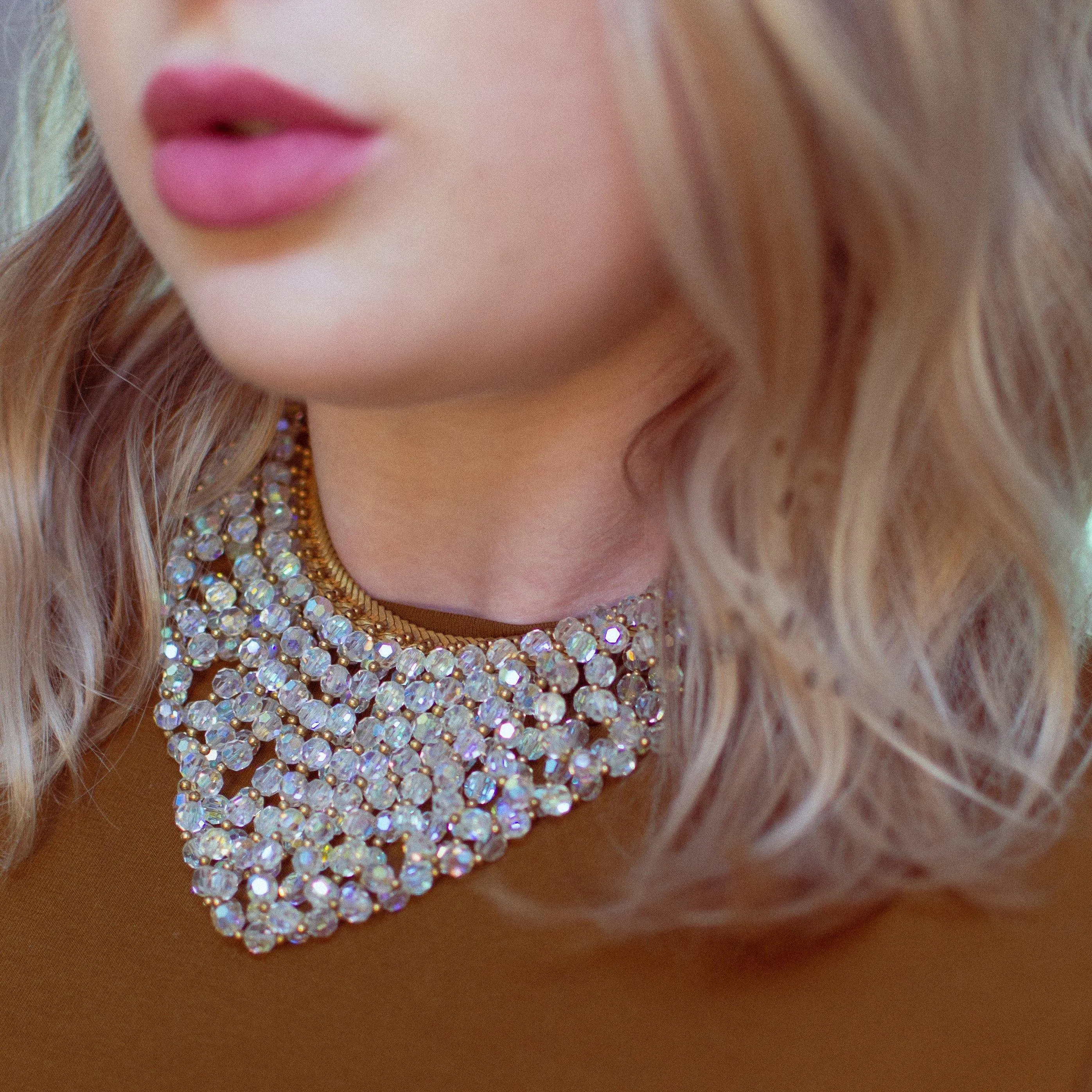Vintage Looped Aurora Borealis Crystal Bead Bib Statement Necklace
