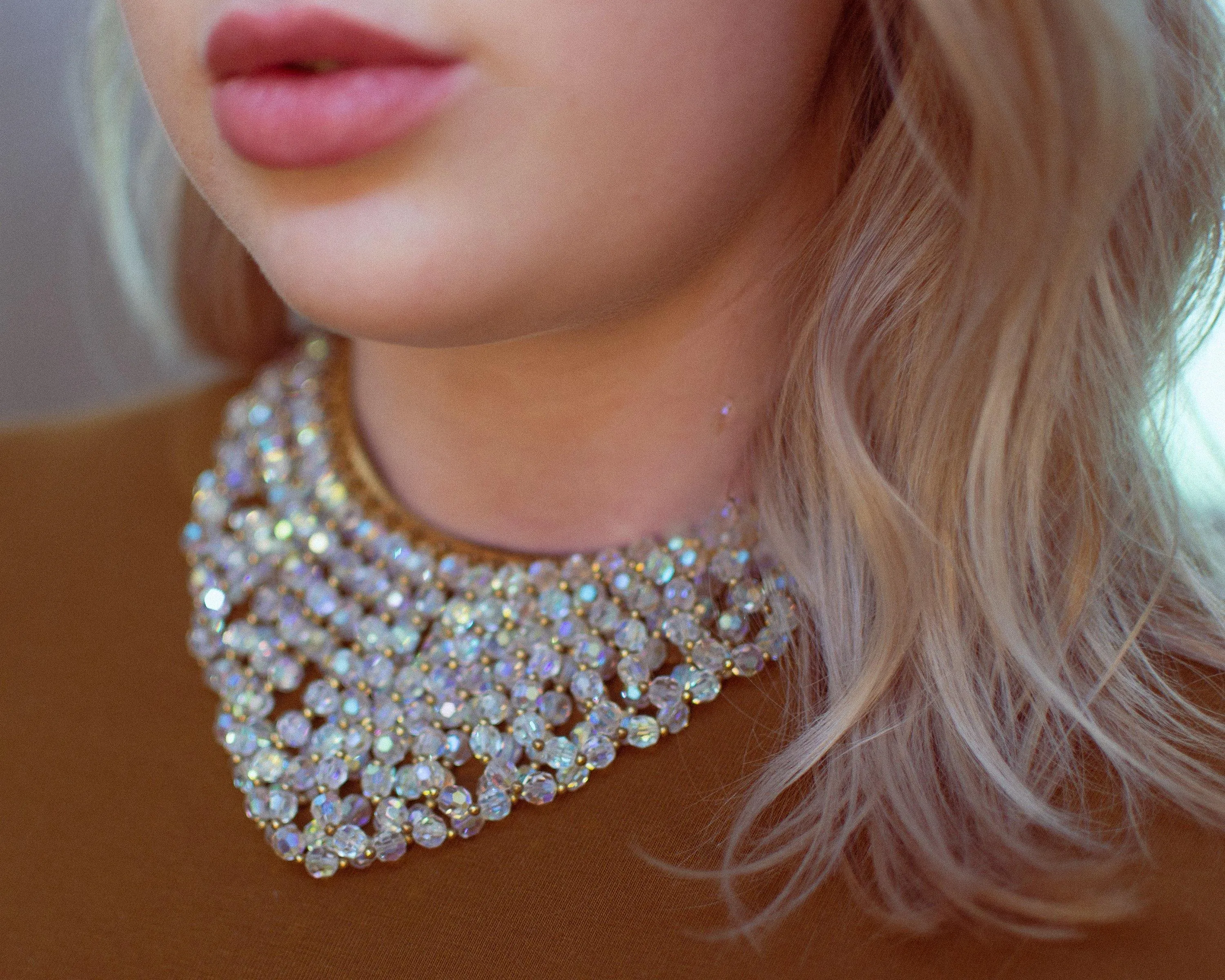 Vintage Looped Aurora Borealis Crystal Bead Bib Statement Necklace