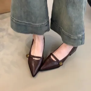 Vintage pumps women's camellia buckle block heel shoes with pointed toe temperament Mary Jane shoes