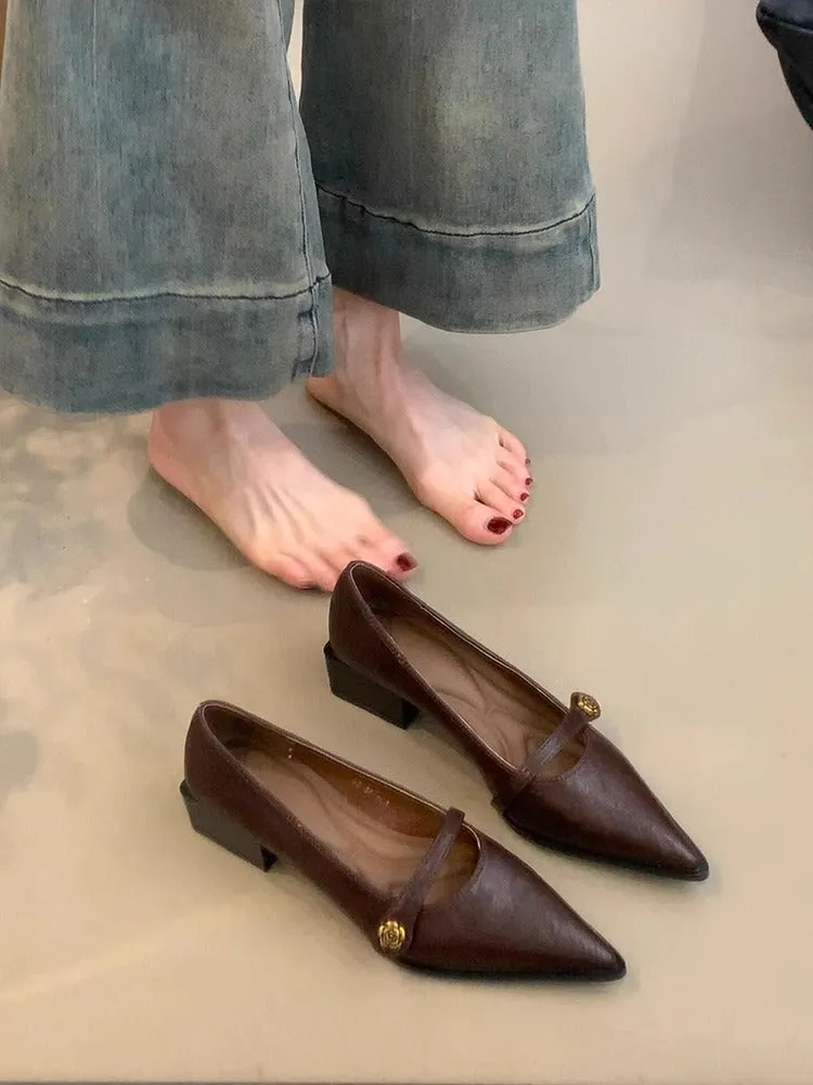 Vintage pumps women's camellia buckle block heel shoes with pointed toe temperament Mary Jane shoes