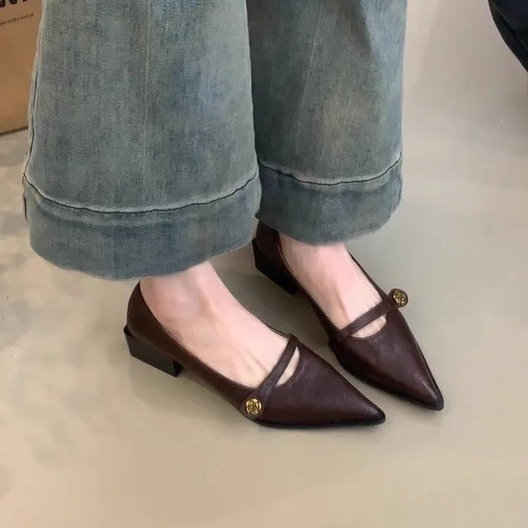 Vintage pumps women's camellia buckle block heel shoes with pointed toe temperament Mary Jane shoes