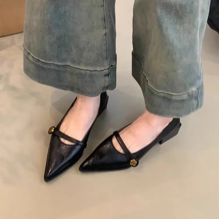 Vintage pumps women's camellia buckle block heel shoes with pointed toe temperament Mary Jane shoes
